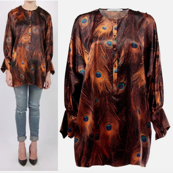Givenchy Vintage Peacock-Print Poet-Sleeve Blouse Silk Brown Size‎ 34 US 2 - Picture 1 of 12